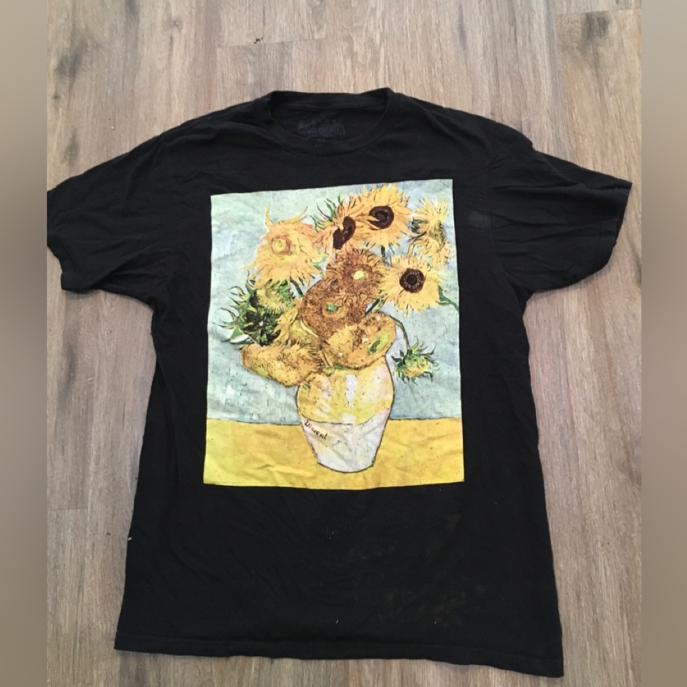 Black Graphic Tee with Sunflower Print (has stain at bottom)